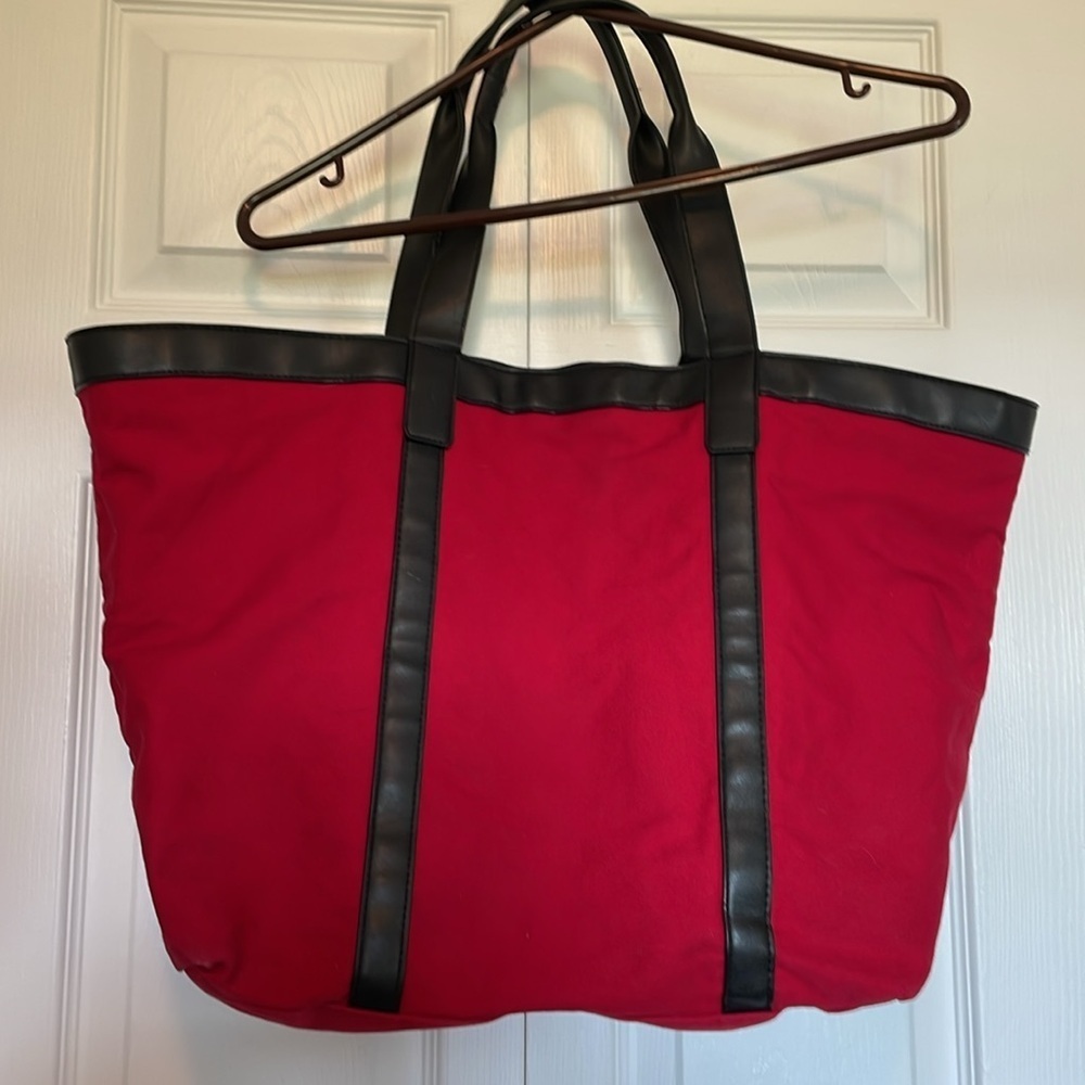 Victoria Secret red canvas tote with faux leather trim/ straps. Stud detail Moto - Picture 2 of 12